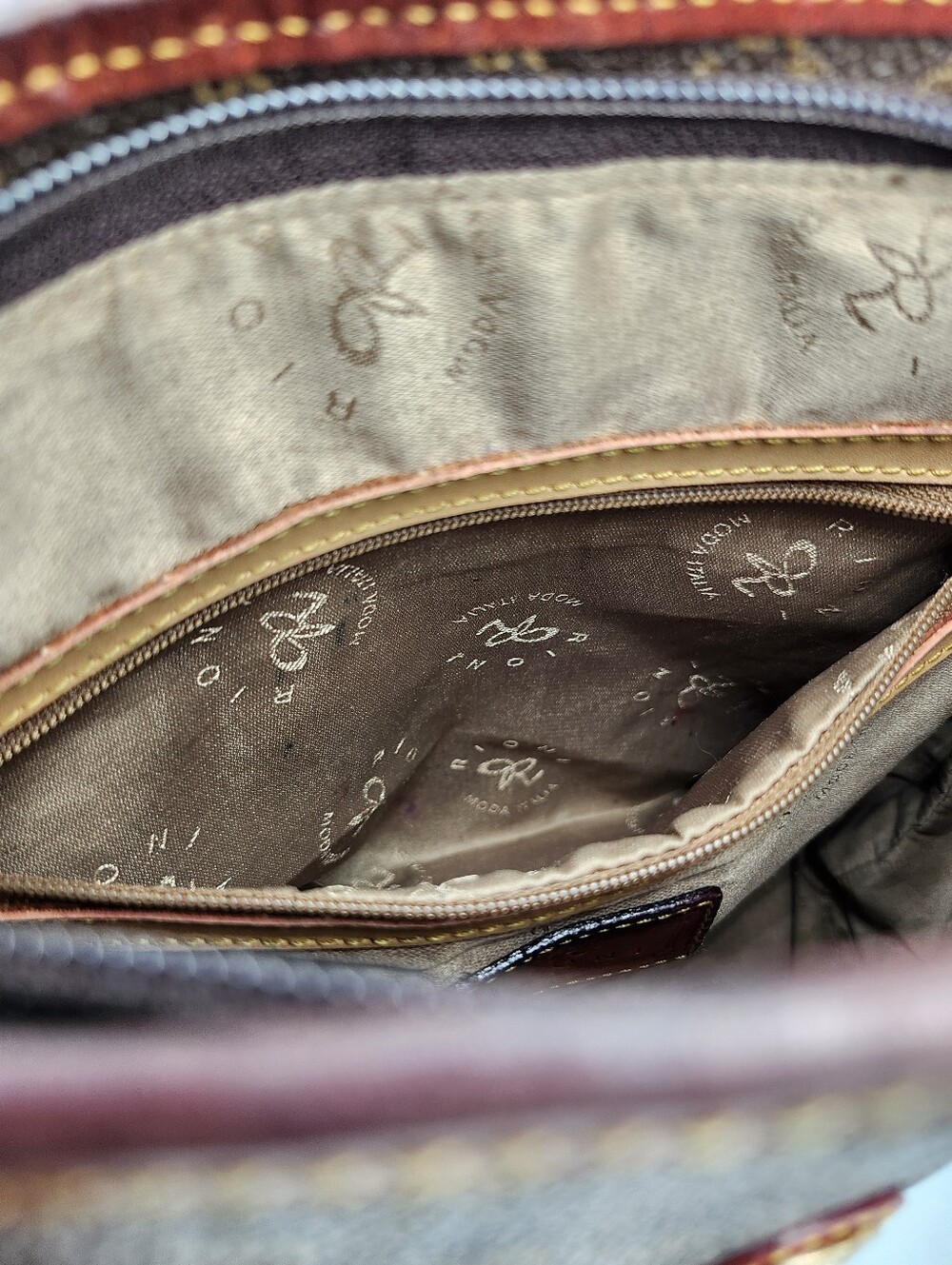 Rioni Brown Coated Canvas Gold Monogram Pattern & Leather Shoulder Bucket Bag - Picture 12 of 14